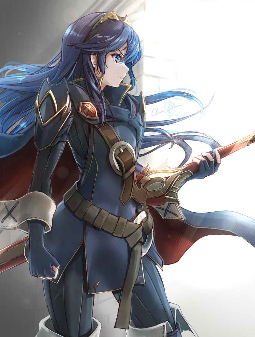 1girl absurdres armor bangs belt blue_armor blue_bodysuit blue_cape blue_dress blue_eyes blue_footwear blue_hair bodysuit bodysuit_under_clothes boots cape clear_glass_(mildmild1311) clenched_hand closed_mouth collared_dress commentary dress feet_out_of_frame fingerless_gloves fire_emblem gloves gold_trim grey_background hair_between_eyes hand_up highres holding long_hair long_sleeves looking_to_the_side lucina_(fire_emblem) ribbed_bodysuit sheath sheathed shiny_clothes short_dress shoulder_armor sidelocks signature solo swept_bangs sword thigh_boots tiara weapon