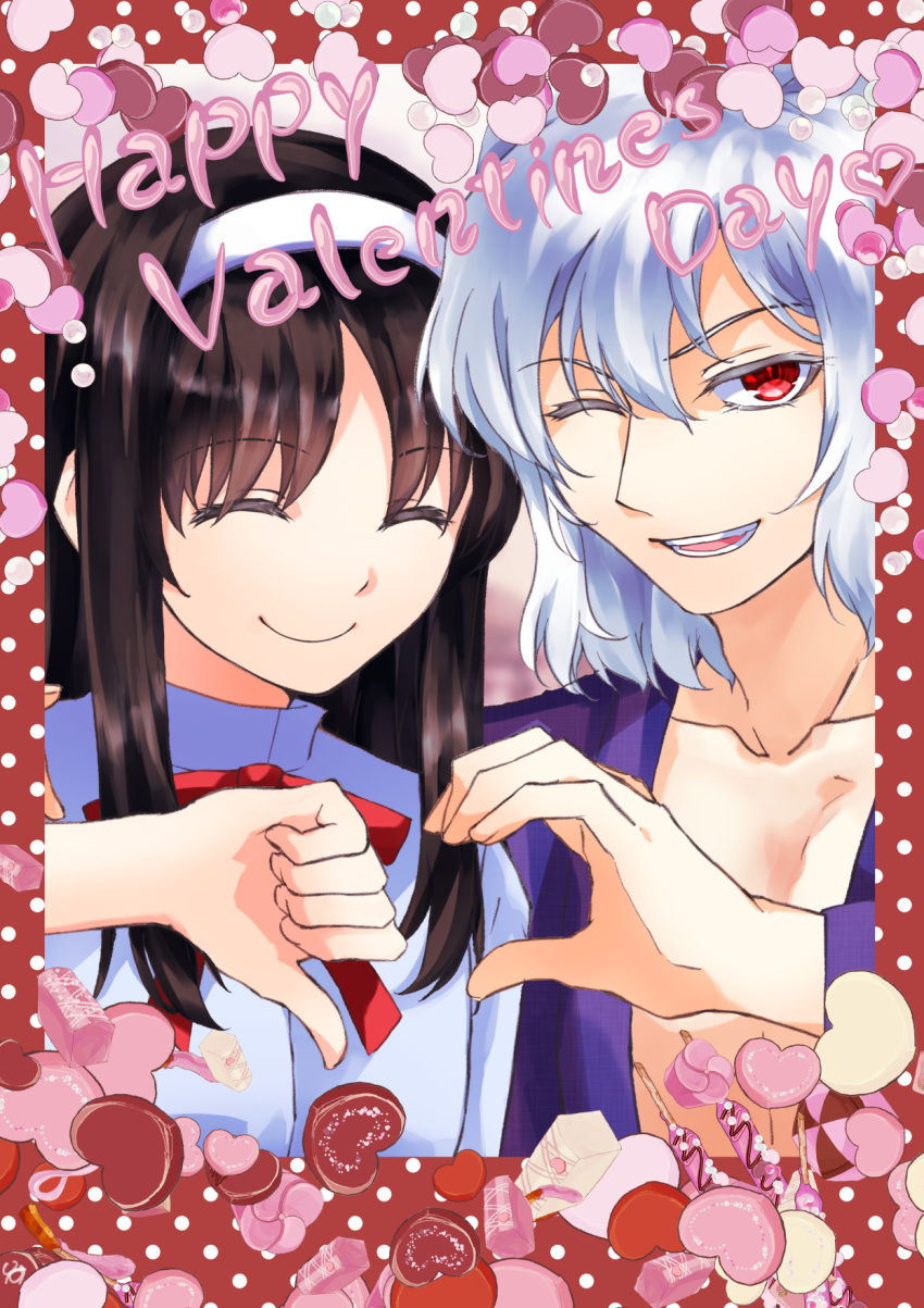 1boy 1girl bangs black_hair blouse blue_shirt brother_and_sister closed_eyes closed_mouth commentary_request hair_between_eyes hairband happy_valentine heart_hands_failure highres japanese_clothes kimono lo_lis long_hair looking_at_viewer medium_hair neck_ribbon one_eye_closed open_clothes open_kimono red_eyes red_ribbon ribbon shirt siblings smile teeth thumbs_down tohno_akiha tohno_shiki_(2) tsukihime valentine white_hair white_hairband