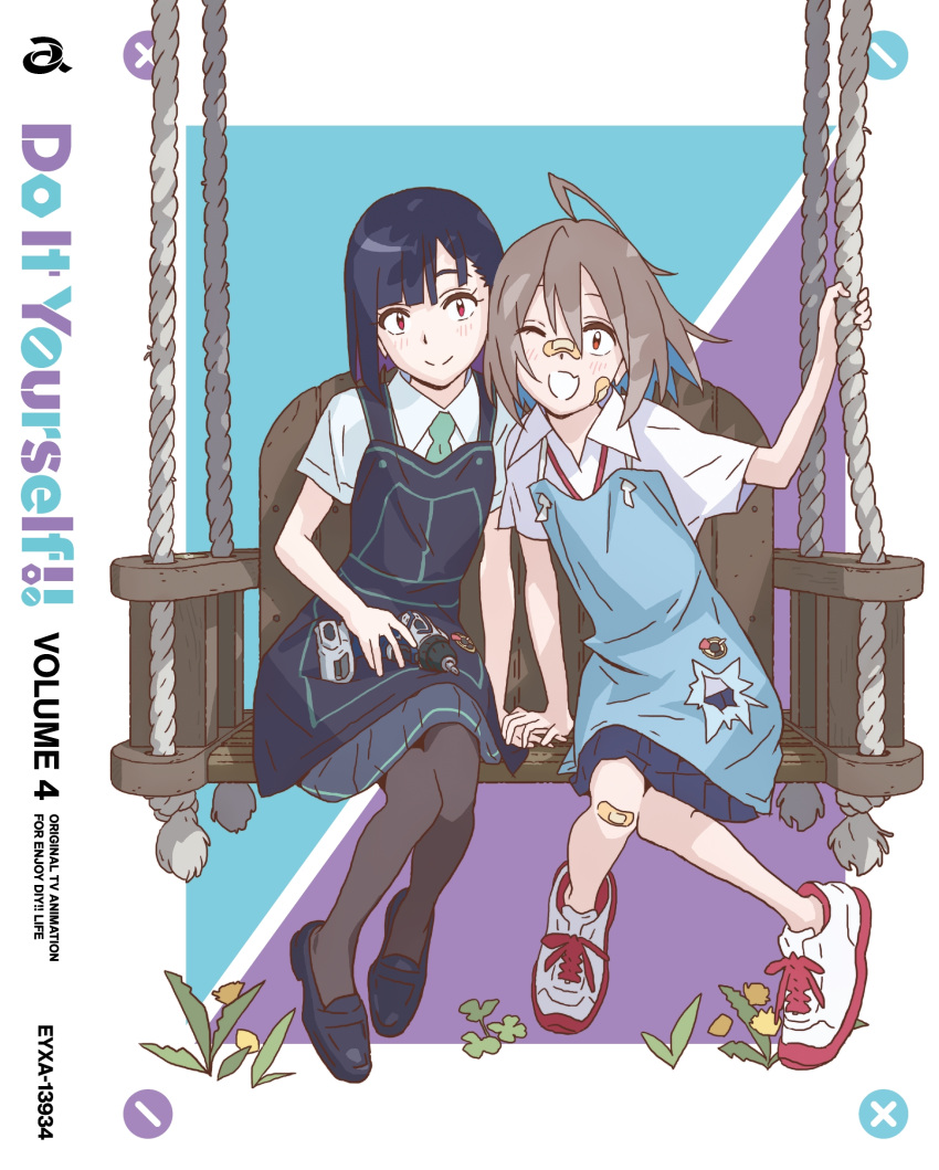 2girls ahoge apron black_apron black_hair blue_apron cover do_it_yourself!! dvd_cover grey_hair highres holding_hands looking_at_viewer matsuo_yuusuke medium_hair multicolored_hair multiple_girls official_art one_eye_closed power_drill sitting_on_bench smile suride_miku two-tone_hair yua_serufu