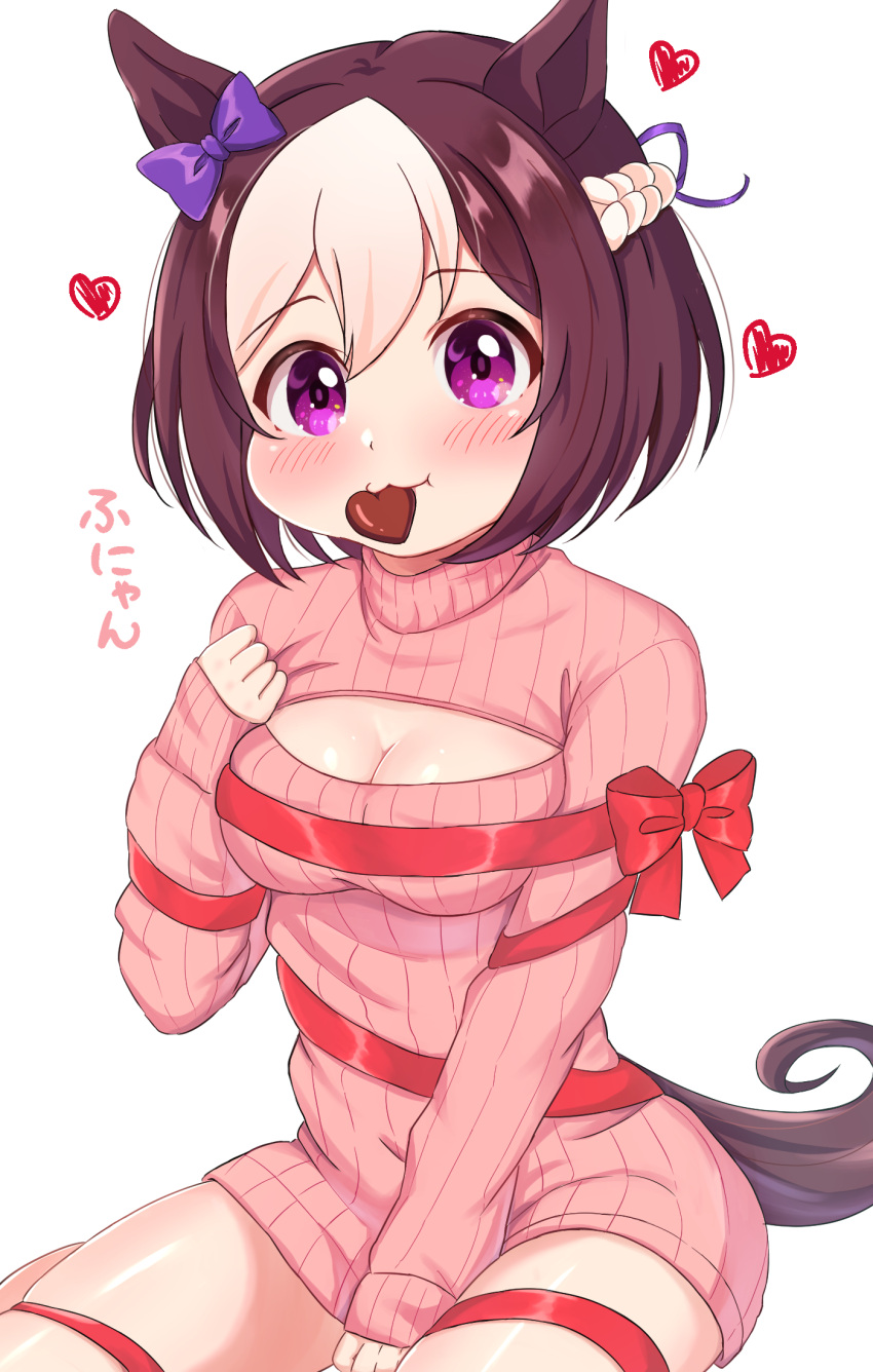 1girl alternate_costume blush breasts brown_hair casual chocolate food_in_mouth hair_between_eyes hair_ornament highres looking_at_viewer medium_breasts medium_hair meme_attire mochitsuki_wataame open-chest_sweater simple_background solo special_week_(umamusume) sweater umamusume valentine violet_eyes white_background