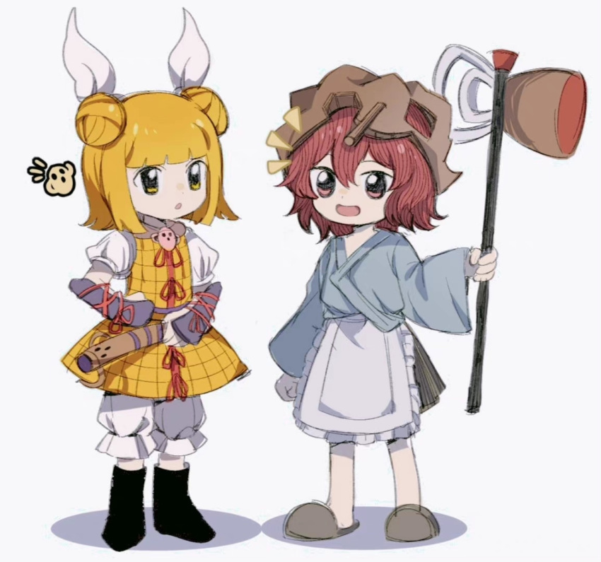 1girl 1other androgynous apron armor bambootea bangs black_footwear blonde_hair bloomers blue_shirt blunt_bangs boots brown_footwear brown_headwear brown_skirt crossover double_bun frilled_apron frills hair_between_eyes hair_bun hair_ribbon haniwa_(statue) helmet holding joutouguu_mayumi katano_sukune katano_sukune's_bottle_opener len'en long_sleeves medium_hair open_mouth puffy_short_sleeves puffy_sleeves red_eyes red_ribbon redhead ribbon shirt short_hair short_sleeves simple_background skirt slippers smile stage_connection touhou trait_connection underwear white_apron white_background white_bloomers white_ribbon white_shirt yellow_eyes