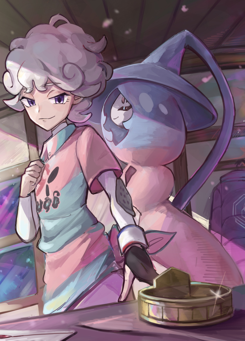 1boy absurdres bangs bede_(pokemon) closed_mouth collared_shirt commentary_request curly_hair dynamax_band gloves grey_hair hachiya_(silica_q) hatterene highres looking_down male_focus partially_fingerless_gloves pokemon pokemon_(creature) pokemon_(game) pokemon_swsh shirt short_hair single_glove smile tied_shirt undershirt violet_eyes