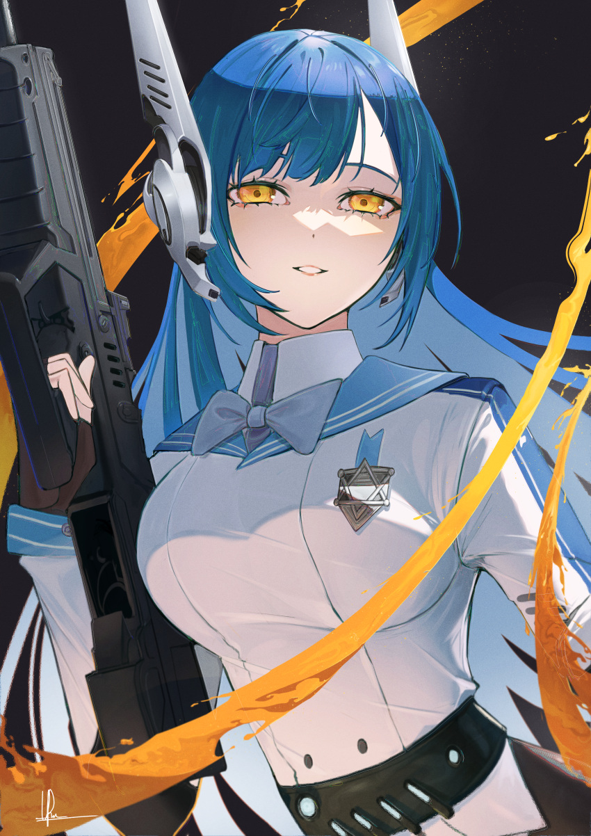 1girl absurdres assault_rifle black_gloves blue_bow blue_bowtie blue_hair bow bowtie breasts bullpup fingerless_gloves girls_frontline gloves gun hexagram highres holding holding_gun holding_weapon iwi_tavor large_breasts lips long_hair long_sleeves looking_at_viewer orange_eyes parted_lips rifle robot_ears signature smile solo star_of_david tar-21_(girls'_frontline) teeth upmocks upper_body weapon