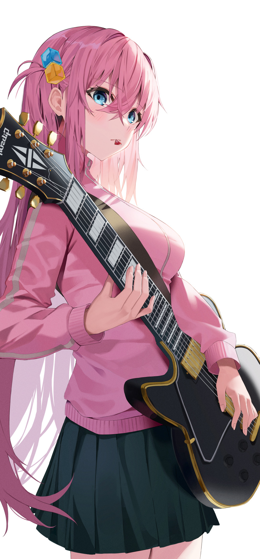 1girl absurdres bangs black_skirt blue_eyes blush bocchi_the_rock! breasts commentary cowboy_shot cube_hair_ornament electric_guitar facing_viewer gibson_les_paul gotou_hitori guitar hair_between_eyes hair_ornament highres holding holding_instrument instrument jacket k.j. large_breasts long_bangs long_hair long_sleeves looking_ahead mouth_hold music one_side_up pink_hair pink_jacket playing_instrument pleated_skirt simple_background skirt solo standing track_jacket very_long_hair white_background