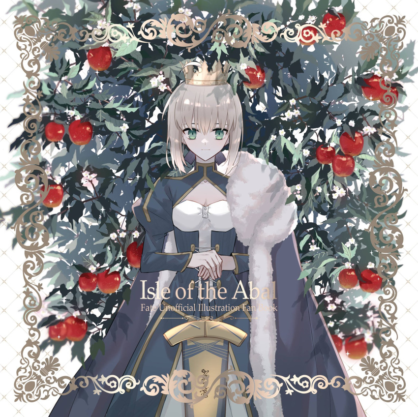 1girl :| apple apple_tree artoria_pendragon_(fate) avalon_(fate/stay_night) bangs blonde_hair blue_cape blue_dress blue_ribbon cape cleavage_cutout closed_mouth clothing_cutout commentary cowboy_shot crown dress english_text excalibur_(fate/stay_night) fate/stay_night fate_(series) flower food framed fruit fruit_tree fur-trimmed_cape fur_trim green_eyes hair_between_eyes hair_bun hair_ribbon hands_on_hilt highres juliet_sleeves leaf long_sleeves looking_at_viewer nayu_tundora puffy_sleeves ribbon saber sheath sheathed shoulder_cape single_hair_bun solo sparkle straight-on tree white_background white_flower