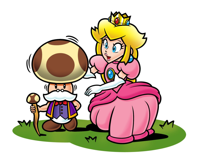 1boy 1girl blonde_hair blue_eyes bow bowtie cane crown docshoddy dress earrings elbow_gloves facial_hair glasses gloves highres jewelry mustache on_grass open_mouth pink_dress princess_peach purple_vest red_bow red_bowtie simple_background super_mario_bros. toadsworth vest white_background white_gloves