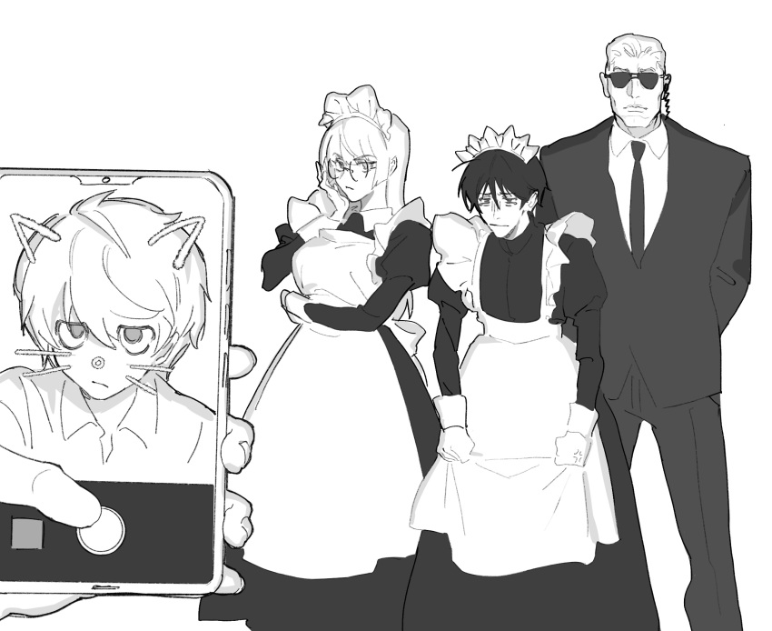 1girl 3boys anthony_rester apron bespectacled death_note embarrassed formal glasses halle_lidner highres long_hair maid maid_apron maid_headdress monochrome multiple_boys mvrl near phone selfie stephen_gevanni suit sunglasses taking_picture tears