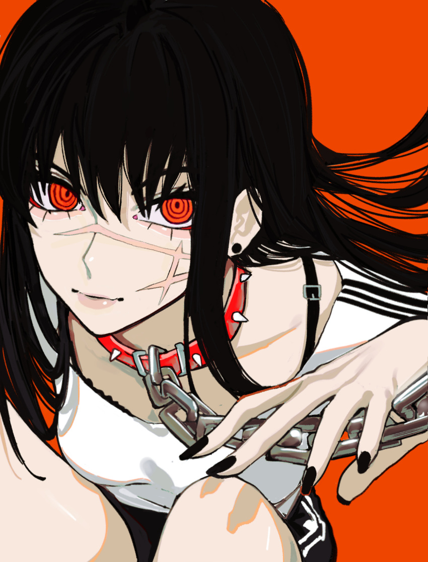 1girl bangs black_hair black_nails chain chainsaw_man closed_mouth collar highres long_hair looking_at_viewer nail_polish red_collar red_eyes ringed_eyes sailen0 scar scar_on_cheek scar_on_face solo spiked_collar spikes yoru_(chainsaw_man)