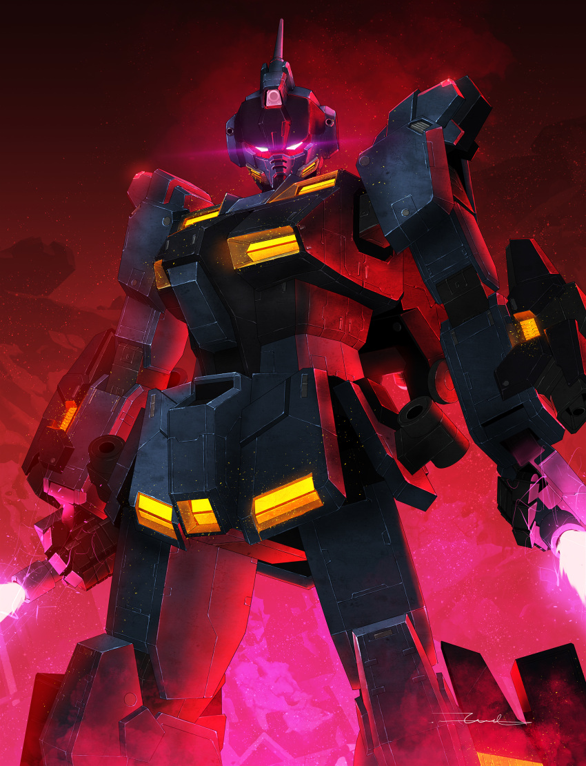 absurdres beam_saber damaged dirty dual_wielding glowing glowing_eyes gundam gundam_side_story:_missing_link highres holding lights looking_at_viewer machinery mecha mobile_suit no_humans pale_rider_(mobile_suit) realistic robot science_fiction signature taka-f violet_eyes