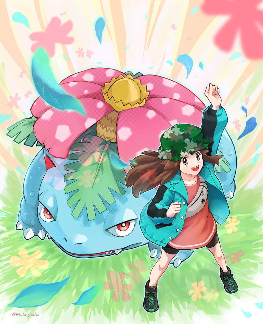 1girl :d arm_up bike_shorts brown_eyes brown_hair buttons camouflage camouflage_headwear clenched_hands commentary_request eyelashes green_jacket hat highres jacket knees leaf_(pokemon) leaf_(sygna_suit)_(pokemon) legs_apart long_hair long_sleeves looking_up nosada_nosawo open_clothes open_jacket open_mouth pokemon pokemon_(creature) pokemon_(game) pokemon_masters_ex shirt shoes smile sneakers teeth twitter_username upper_teeth_only venusaur watermark