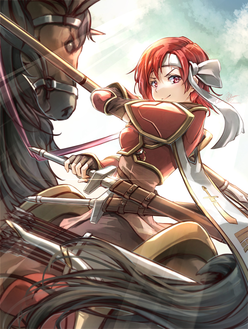 1girl absurdres armor black_gloves cecil_(fire_emblem) clear_glass_(mildmild1311) fingerless_gloves fire_emblem fire_emblem:_mystery_of_the_emblem gloves headband highres holding holding_polearm holding_reins holding_sword holding_weapon horse horseback_riding looking_at_viewer polearm red_eyes redhead reins riding saddle sheath sheathed smile solo sword unsheathing weapon