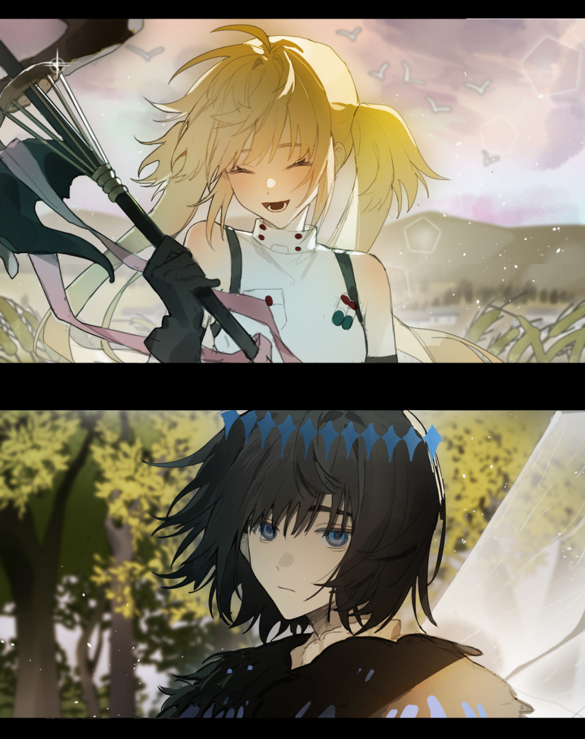 1boy 1girl artoria_caster_(fate) artoria_caster_(first_ascension)_(fate) artoria_pendragon_(fate) bird black_fur black_gloves blonde_hair blue_eyes buttons closed_eyes closed_mouth clouds cloudy_sky collar f3000_kiara fate/grand_order fate_(series) fur_trim gloves grass highres holding holding_staff light long_hair looking_at_viewer oberon_(fate) open_mouth packet pink_ribbon ribbon shirt short_hair simple_background sky smile staff sunlight teeth tree twintails uvula vest white_shirt white_vest