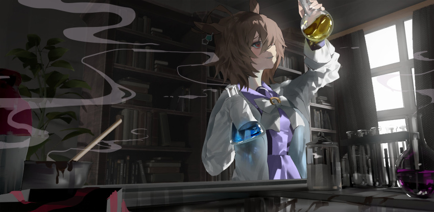 1girl absurdres agnes_tachyon_(umamusume) ahoge animal_ears arm_up bangs bookshelf bow bowl bowtie brown_hair curtains earrings erlenmeyer_flask flask hair_between_eyes highres holding holding_flask horse_ears horse_girl indoors jar jewelry jw_(p_p_pp_pp) labcoat medium_hair plant potted_plant purple_shirt purple_skirt red_eyes round-bottom_flask sailor_collar school_uniform shirt single_earring skirt sleeves_past_fingers sleeves_past_wrists smile smoke solo standing table test_tube test_tube_rack tracen_school_uniform umamusume window