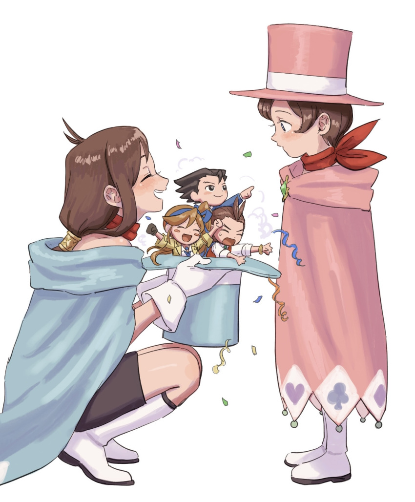 2boys 2girls ace_attorney aged_down antenna_hair apollo_justice apollo_justice:_ace_attorney athena_cykes black_dress black_hair blue_cape blue_eyes blue_headwear blush boots brooch brown_hair cape closed_eyes closed_mouth confetti diamond_brooch dress dual_persona gloves hat hat_removed headwear_removed height_difference highres holding jacket jewelry knee_boots long_hair looking_at_another low-tied_long_hair magician miniboy minigirl multiple_boys multiple_girls open_mouth orange_hair phoenix_wright phoenix_wright:_ace_attorney_-_dual_destinies pink_cape pink_headwear pointing red_scarf red_vest renshu_usodayo scarf shirt short_hair side_ponytail simple_background smile spiky_hair top_hat trucy_wright vest white_background white_footwear white_gloves white_shirt yellow_jacket