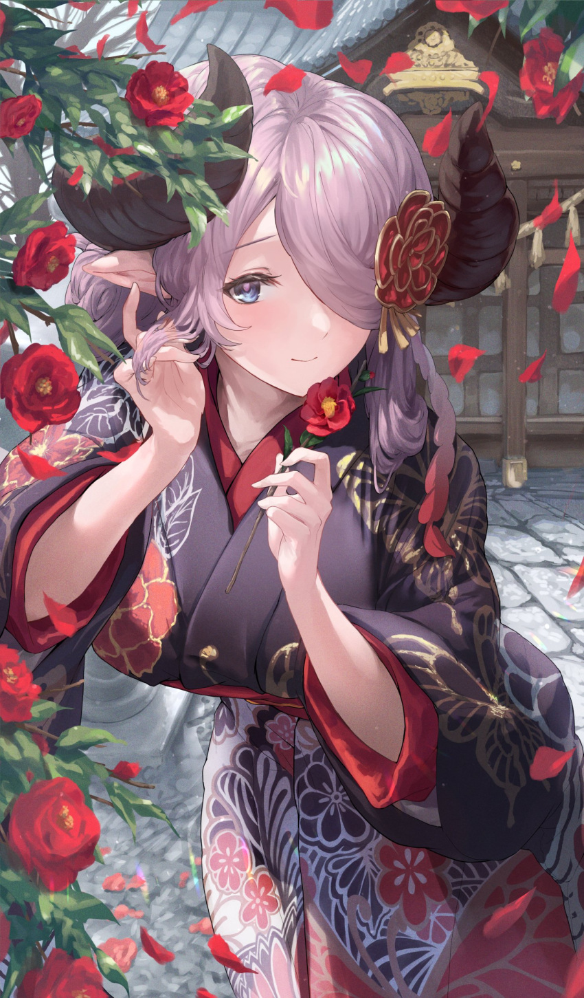 absurdres animal_print blacktail_hihi blue_eyes braid breasts bug butterfly butterfly_print commission demon_horns draph granblue_fantasy hair_over_one_eye highres horns japanese_clothes kimono large_breasts light_purple_hair long_hair narmaya_(granblue_fantasy) pointy_ears print_kimono single_braid skeb_commission sleeveless wide_sleeves