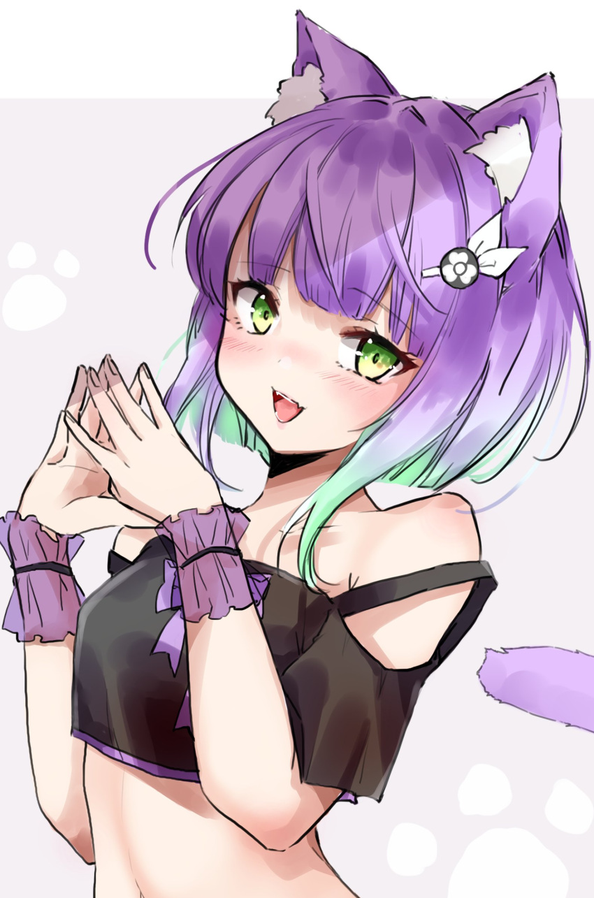 1girl :d animal_ear_fluff animal_ears bare_shoulders black_shirt cat_ears cat_girl cat_tail chigasaki_yukari colored_inner_hair commission crop_top cropped_shirt fang gradient_hair green_eyes green_hair highres indie_virtual_youtuber multicolored_hair navel purple_hair second-party_source shirt short_hair short_sleeves shwaa skeb_commission skin_fang smile steepled_fingers stomach strap_slip tail virtual_youtuber wrist_cuffs