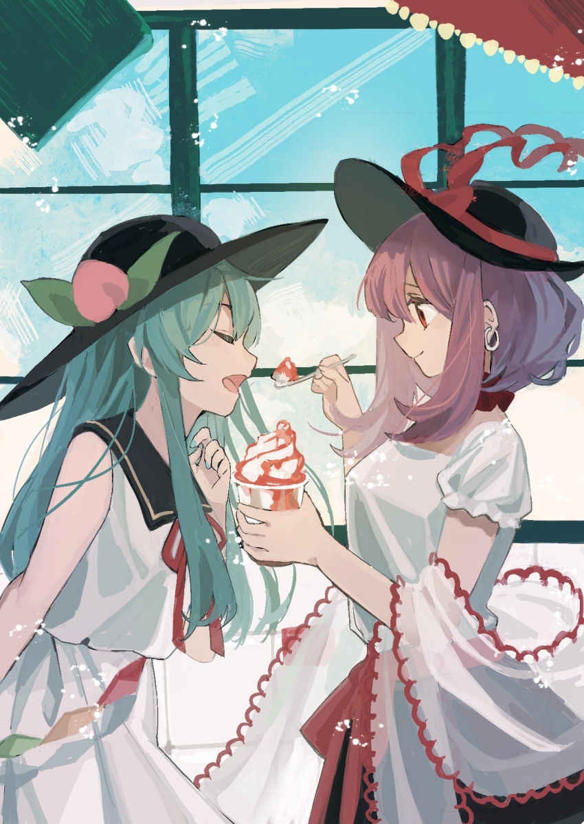 2girls adapted_costume artist_request black_headwear black_skirt blue_hair blue_nails chinese_commentary closed_eyes closed_mouth commentary_request cowboy_shot earrings feeding food from_side hat hat_ribbon highres hinanawi_tenshi holding_ice_cream ice_cream jewelry long_hair looking_at_another multiple_girls nagae_iku open_mouth peach_hat_ornament purple_hair red_eyes red_ribbon ribbon sailor_collar second-party_source see-through_shawl shawl shirt short_sleeves skirt sleeveless sleeveless_shirt smile touhou white_shawl white_shirt white_skirt window