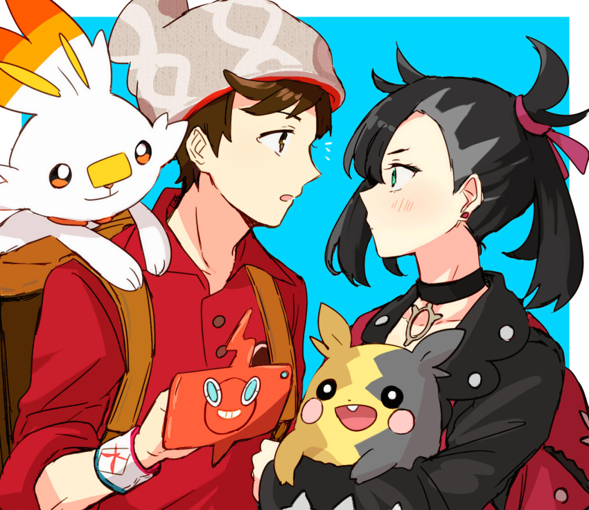 1boy 1girl backpack bag beanie black_choker black_hair black_jacket blush brown_bag brown_eyes brown_hair buttons choker collarbone commentary_request creature earrings green_eyes grey_headwear hair_ribbon hat height_difference highres hinata_(ryohinata) jacket jewelry long_sleeves looking_at_another marnie_(pokemon) medium_hair morpeko morpeko_(full) pink_ribbon pokemon pokemon_(creature) pokemon_(game) pokemon_swsh profile red_bag red_shirt ribbon scorbunny shirt short_hair sleeves_rolled_up victor_(pokemon)