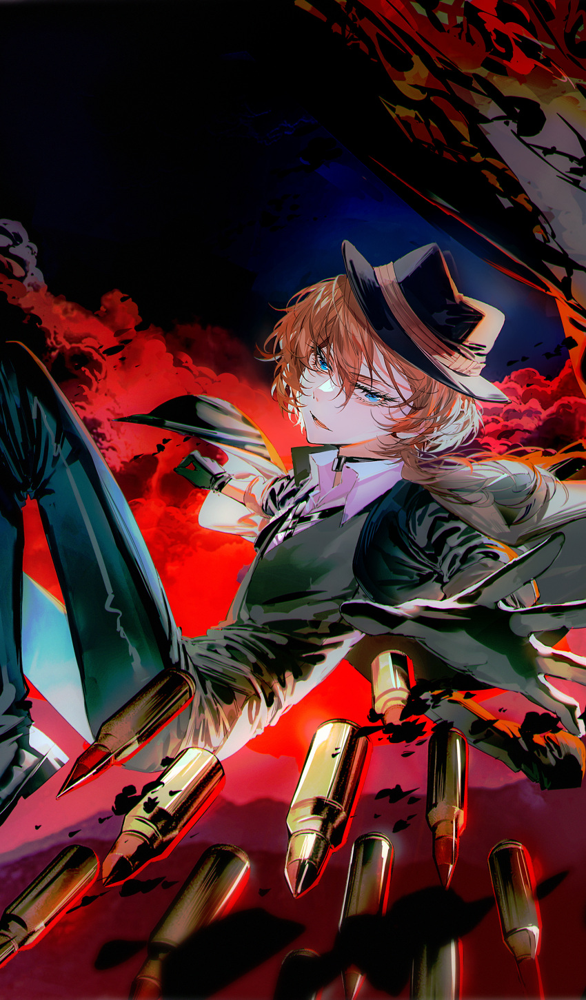 1boy absurdres aiming_at_viewer baocaizi black_gloves black_headwear black_jacket black_necktie black_pants black_vest blue_background blue_eyes bullet bungou_stray_dogs collared_shirt commentary_request eyelashes fedora feet_out_of_frame gloves hat highres jacket jacket_on_shoulders light_smile looking_at_viewer male_focus nakahara_chuuya necktie orange_hair pants red_background shirt short_hair simple_background sleeves_rolled_up solo striped_necktie vest white_necktie white_shirt