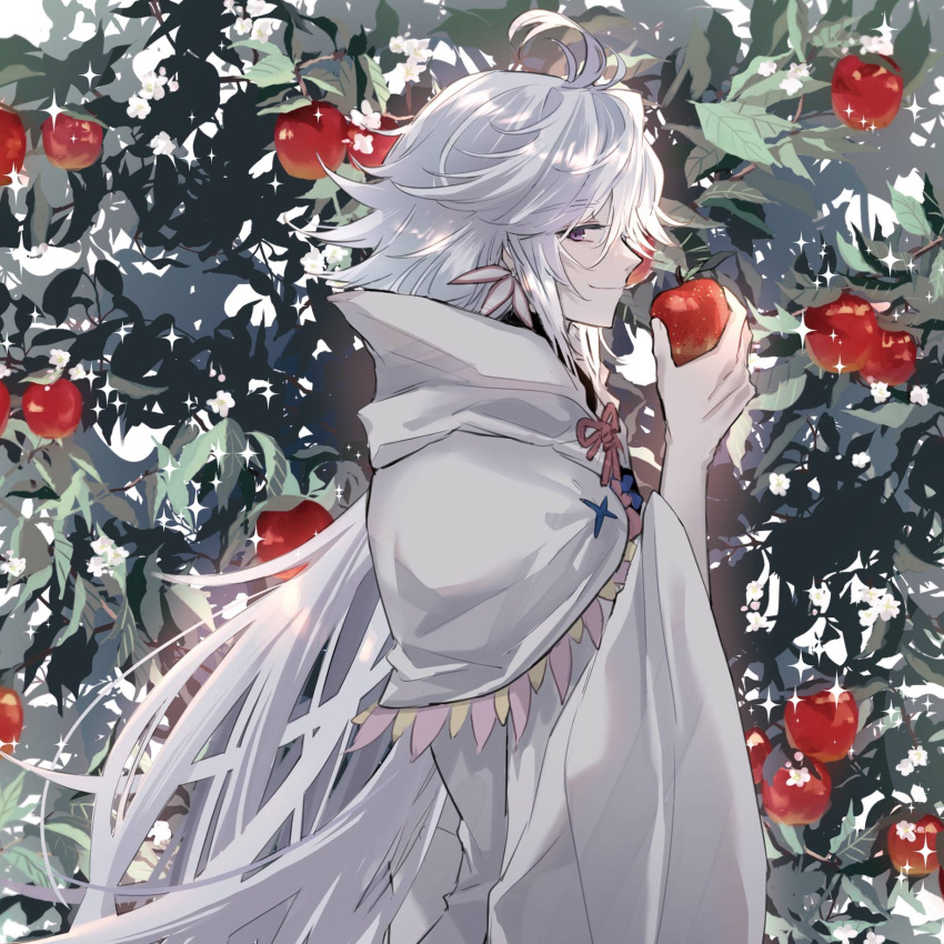 1boy ahoge apple apple_tree black_shirt capelet earrings fate/grand_order fate_(series) flower food from_side fruit fruit_tree hair_between_eyes highres holding holding_food holding_fruit hood hood_down hooded_capelet jewelry long_hair long_sleeves looking_at_viewer male_focus merlin_(fate) nayu_tundora profile robe shirt sideways_glance smile solo sparkle tree turtleneck upper_body violet_eyes white_background white_capelet white_flower white_hair white_robe wide_sleeves