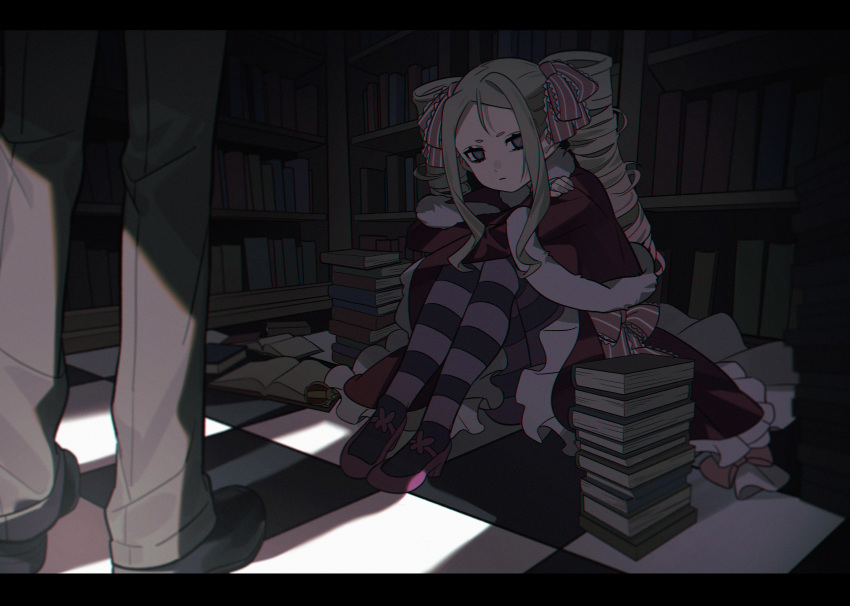 1boy 1girl absurdres bangs beatrice_(re:zero) blonde_hair book bookshelf bow capelet checkered_floor closed_mouth commentary crossed_arms dark dress drill_hair frills fur-trimmed_capelet fur_trim hair_ribbon highres indoors kiliko-san library long_hair natsuki_subaru pants pantyhose pink_ribbon re:zero_kara_hajimeru_isekai_seikatsu red_capelet red_dress ribbon shoes sidelocks sitting solo_focus striped striped_pantyhose symbol-only_commentary twin_drills twintails
