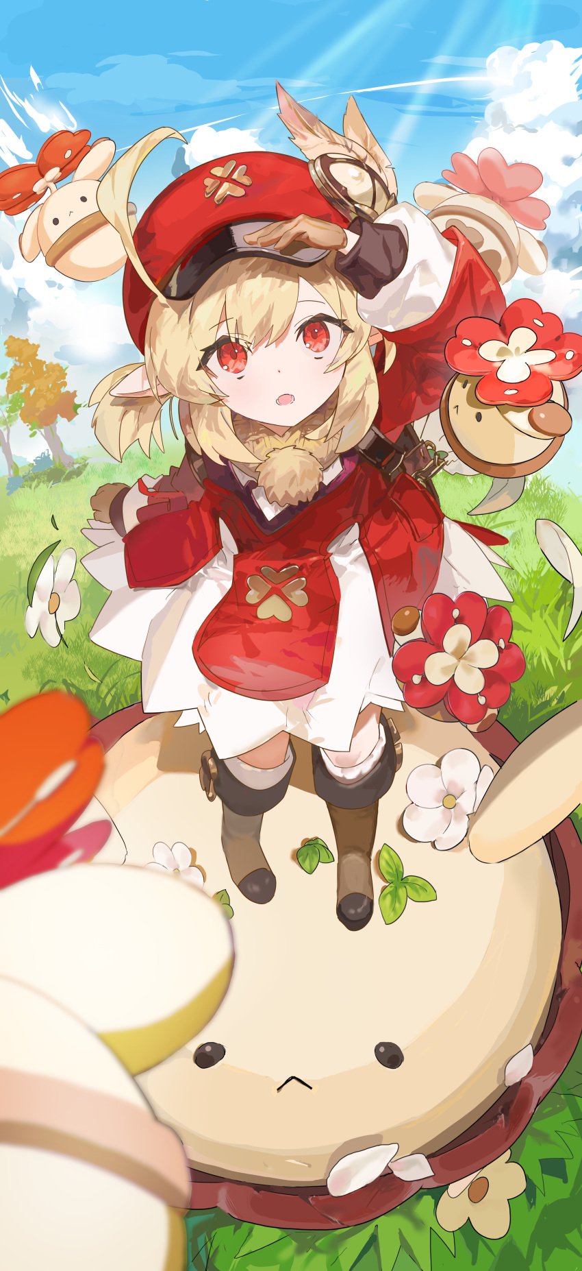 1girl absurdres bangs blonde_hair blue_sky blush boots brown_footwear brown_gloves brown_scarf cabbie_hat clouds coat commentary day dress facing_viewer female_child flower full_body genshin_impact gesture_request gloves grass hair_between_eyes hand_up hat hat_feather highres klee_(genshin_impact) long_sleeves looking_ahead medium_hair mirae monster open_mouth outdoors pointy_ears red_coat red_dress red_eyes red_headwear scarf sidelocks sky solo standing sunlight tree