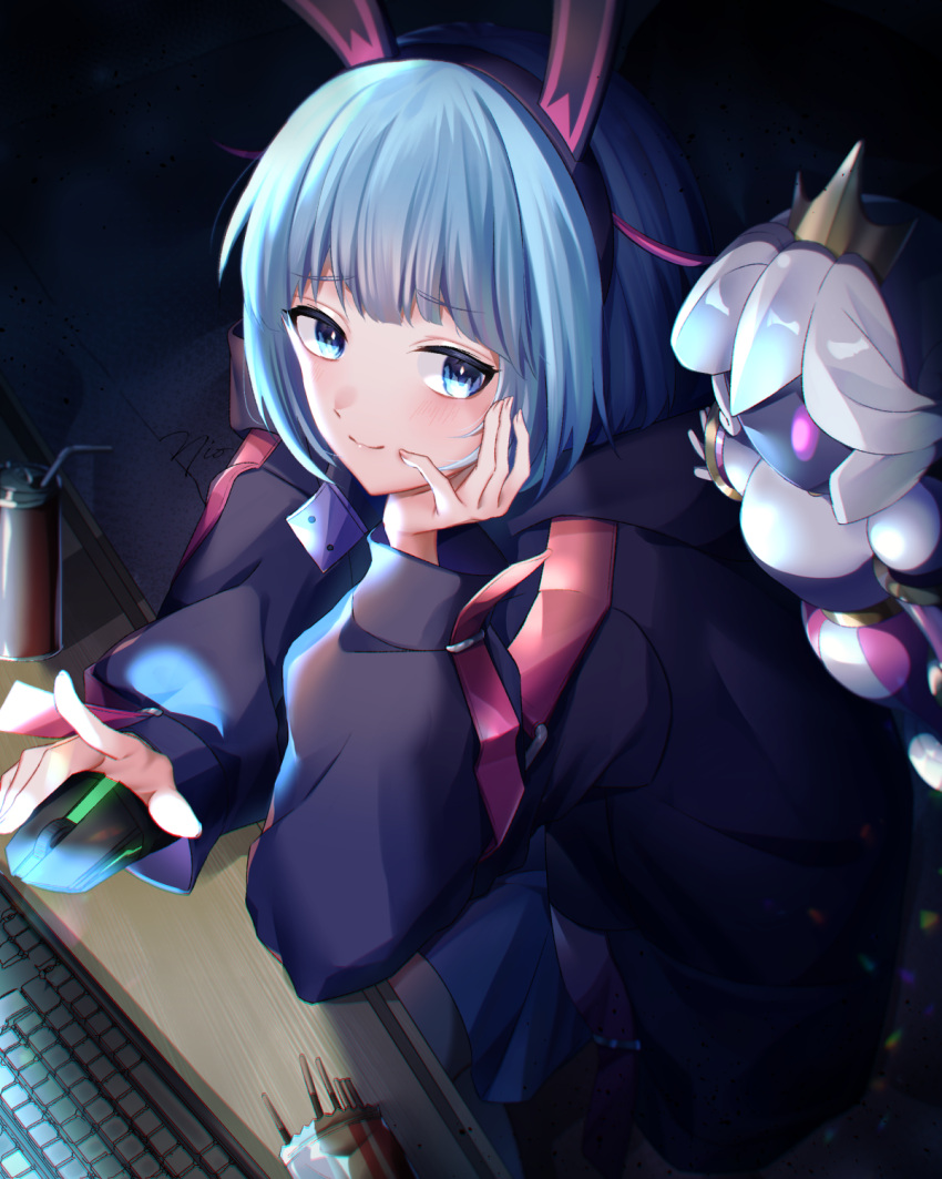1girl animal_ears bangs black_jacket blue_eyes blue_hair blush crown cygames dark_background fake_animal_ears hand_on_own_face headband highres holding_mouse_(computer) jacket keyboard_(computer) long_bangs mascot mini_crown monitor mouse_(computer) om_rm1101 otosaka_shion_(shadowverse_flame) out_of_frame rabbit_ears shadowverse shadowverse_(anime) shadowverse_flame smile