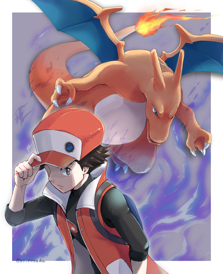 1boy backpack bag baseball_cap black_shirt blue_bag border brown_eyes brown_hair charizard closed_mouth coat commentary_request flame-tipped_tail hand_on_headwear hand_up hat highres male_focus nosada_nosawo open_clothes open_coat pokemon pokemon_(creature) pokemon_(game) pokemon_masters_ex red_(pokemon) red_(sygna_suit)_(pokemon) red_coat red_headwear shirt short_hair sleeveless_coat sleeves_past_elbows twitter_username watermark white_border