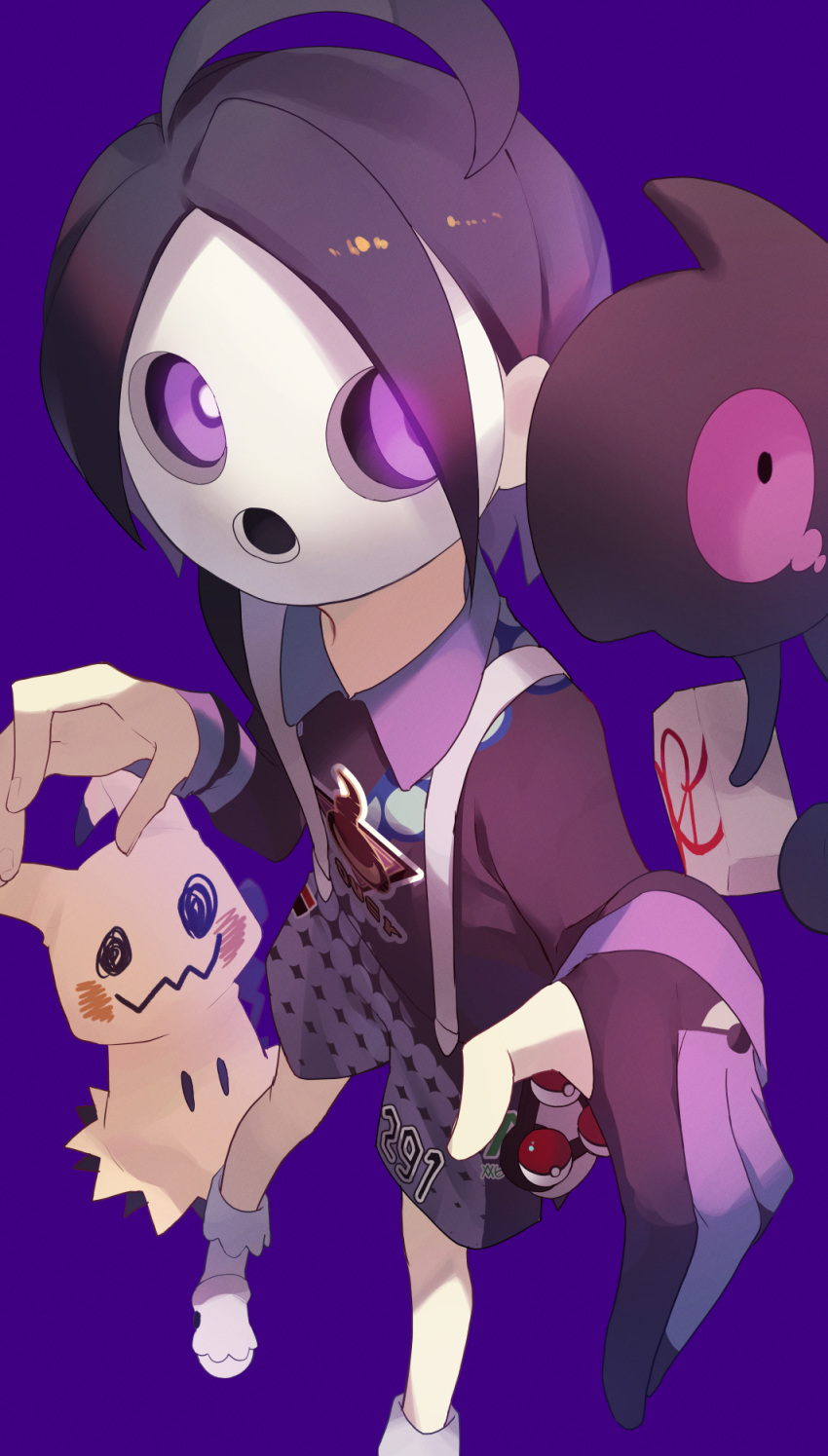 1boy ahoge allister_(pokemon) black_hair bright_pupils collared_shirt commentary_request galarian_yamask gloves hands_up highres holster kuroto_(cfdg3537) looking_at_viewer male_focus mask mimikyu partially_fingerless_gloves poke_ball poke_ball_(basic) pokemon pokemon_(creature) pokemon_(game) pokemon_swsh shirt shoes short_hair shorts single_glove socks standing suspenders violet_eyes white_pupils