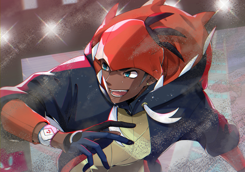 1boy :d black_hair black_hoodie commentary_request dark-skinned_male dark_skin dynamax_band earrings gloves green_eyes headband hood hoodie jewelry kmgr_8 male_focus open_mouth orange_headband partially_fingerless_gloves pokemon pokemon_(game) pokemon_swsh raihan_(pokemon) rotom rotom_phone sandstorm_(pokemon) short_hair smile stadium teeth tongue undercut upper_body