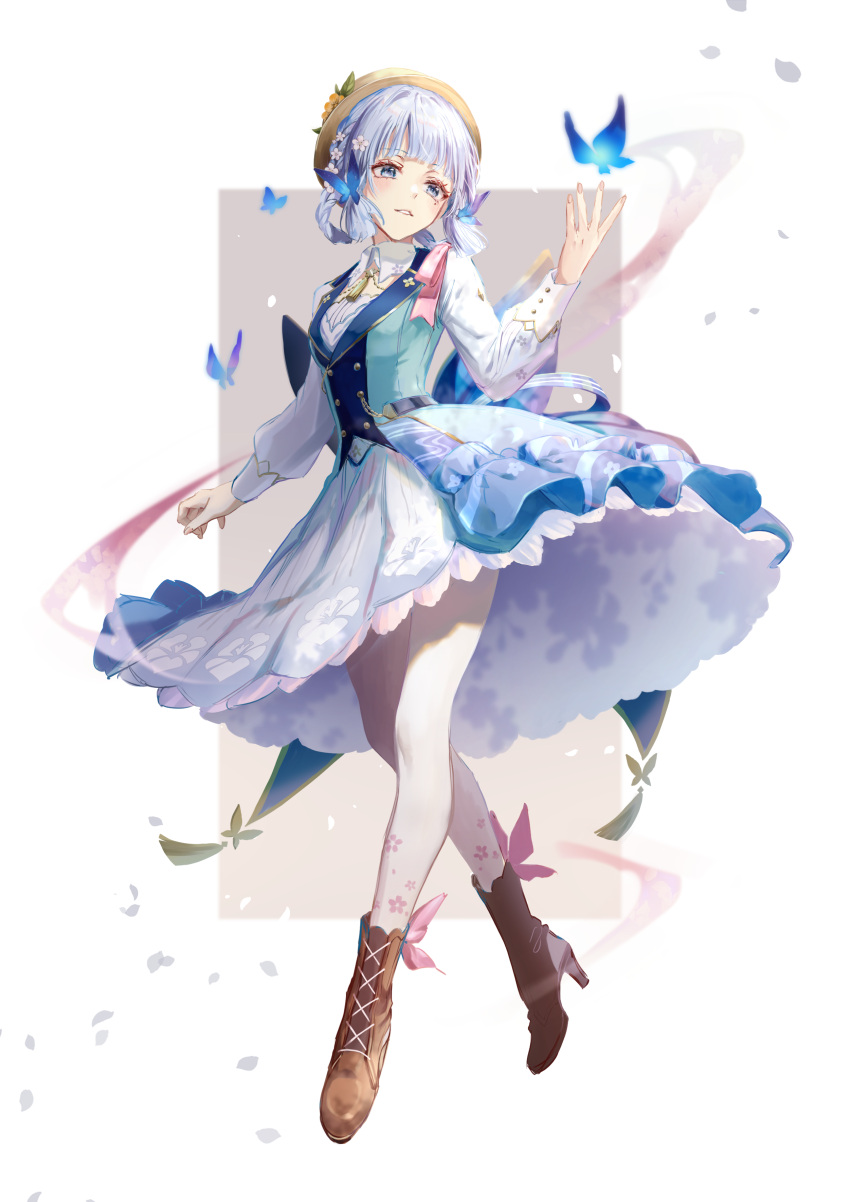 1girl absurdres blue_butterfly blue_dress blue_eyes blue_hair blunt_tresses boots border brown_background brown_footwear bug butterfly butterfly_hair_ornament commentary_request dress floral_print flower full_body genshin_impact hair_ornament hair_up hand_up hat hat_flower highres kamisato_ayaka kamisato_ayaka_(springbloom_missive) light_blue_hair long_sleeves mole mole_under_eye nonon_813 official_alternate_costume pantyhose petals puffy_long_sleeves puffy_sleeves short_twintails simple_background solo twintails white_background white_flower white_pantyhose