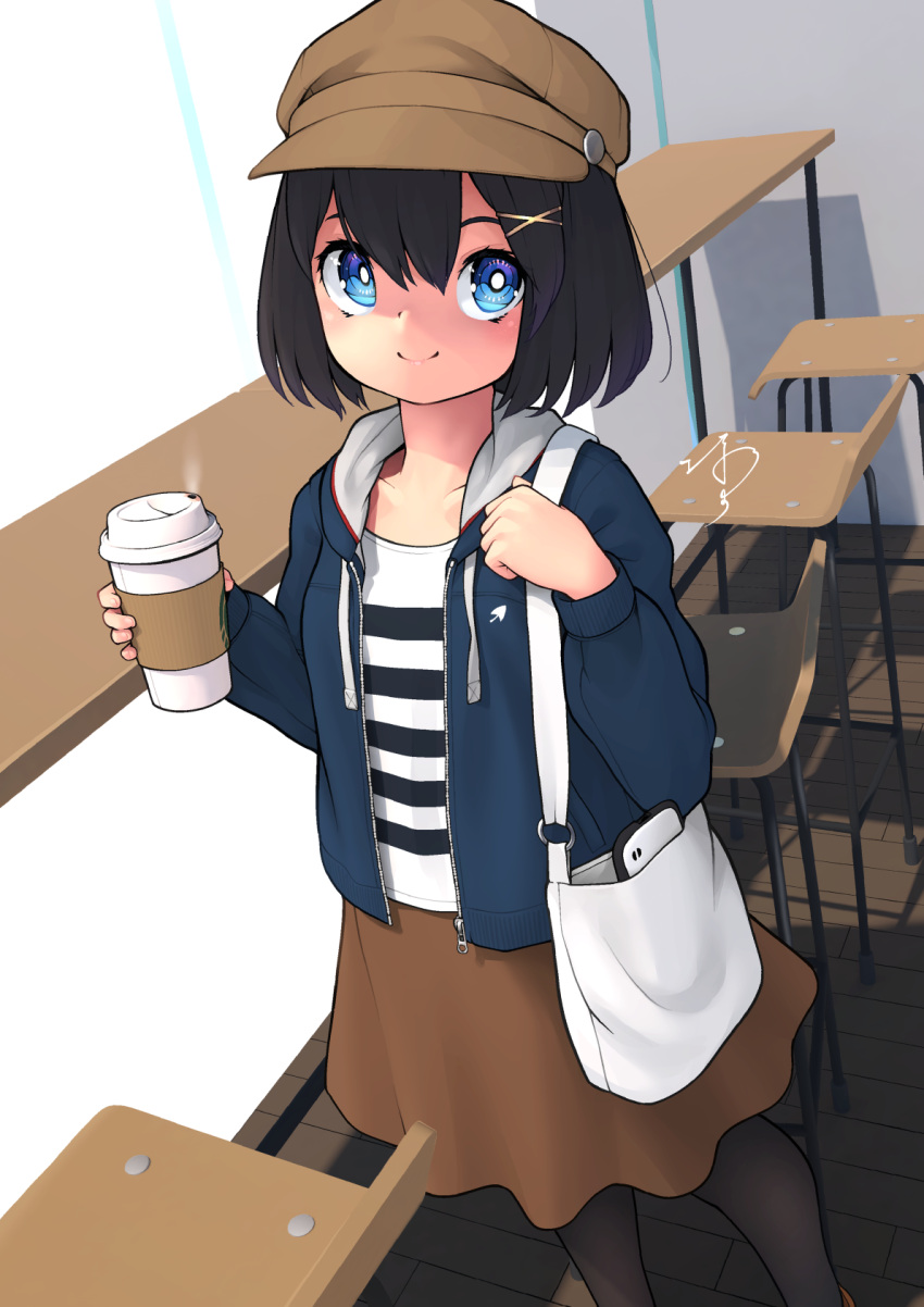 1girl bag black_hair blue_eyes blue_hoodie brown_skirt cabbie_hat cellphone chair coffee_cup commentary_request commission cup disposable_cup hair_ornament handbag hat highres holding holding_cup hood hoodie huxiao_(mistlakefront) medium_hair medium_skirt original pantyhose phone shirt signature skeb_commission skirt smartphone smile solo steam striped striped_shirt table x_hair_ornament