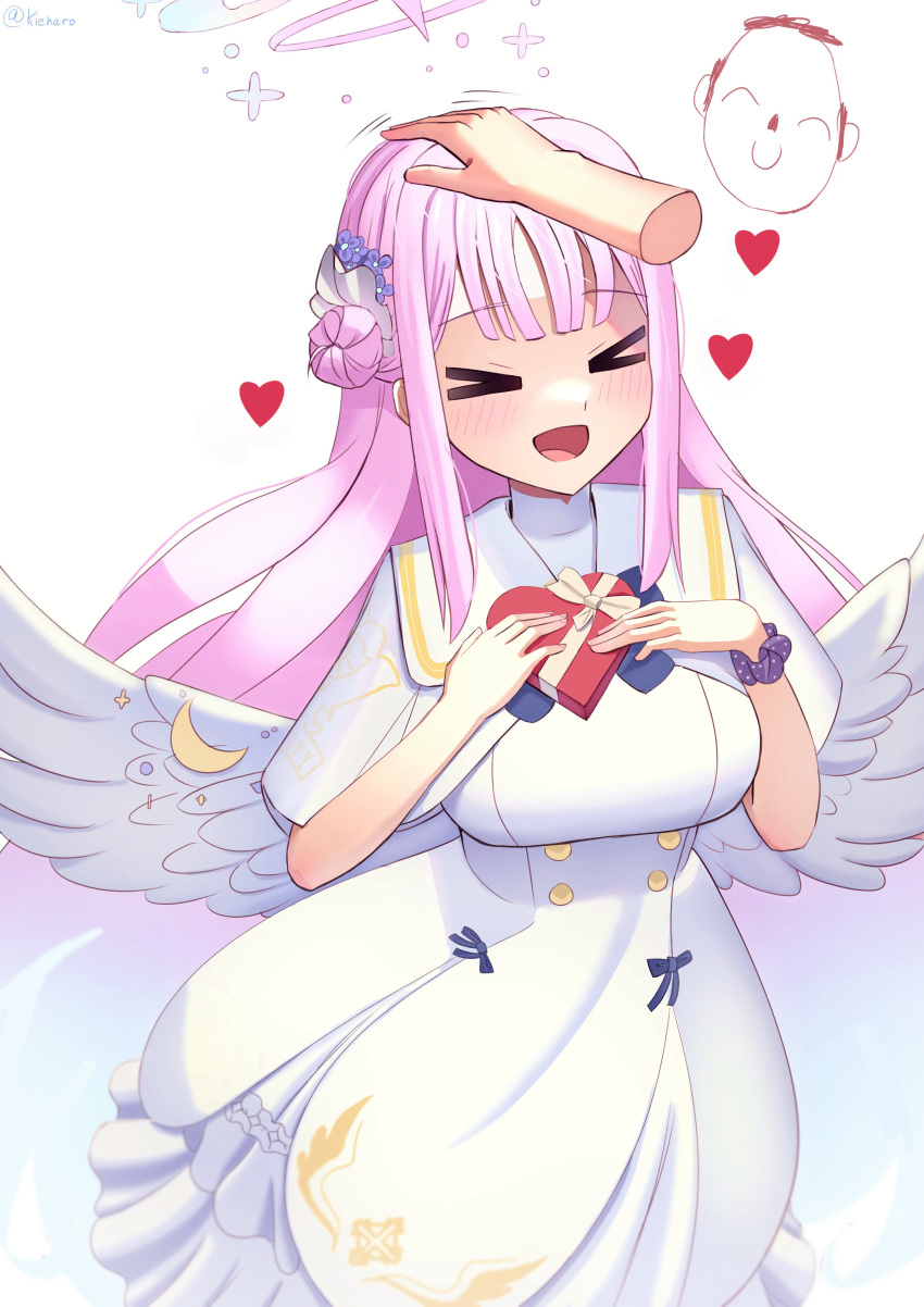 &gt;o&lt; 1girl absurdres angel_wings blue_archive blush box box_of_chocolates closed_eyes hand_on_another's_head headpat heart highres kieharo long_hair mika_(blue_archive) open_mouth pink_hair school_uniform scrunchie simple_background smile valentine wings