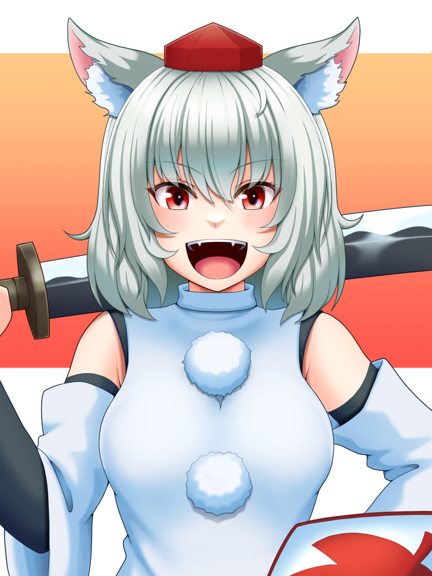 1girl :d animal_ears bangs breasts commentary fangs grey_hair hat highres holding holding_shield holding_sword holding_weapon inubashiri_momiji large_breasts leaf_print looking_at_viewer maple_leaf_print open_clothes open_mouth red_background red_eyes red_headwear shield short_hair smile solo sword tatsu_toyoyo teeth tokin_hat touhou two-tone_background upper_body upper_teeth_only weapon white_background wolf_ears wolf_girl