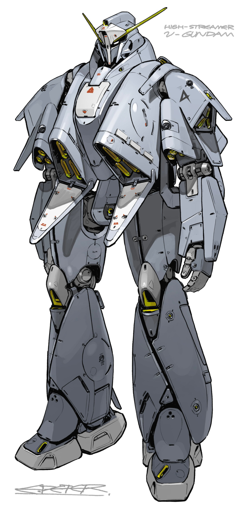 absurdres char's_counterattack character_name full_body gundam gundam_high_streamer highres looking_ahead mecha mobile_suit no_humans nu_gundam peter_(peter6409) robot science_fiction signature simple_background solo white_background white_eyes