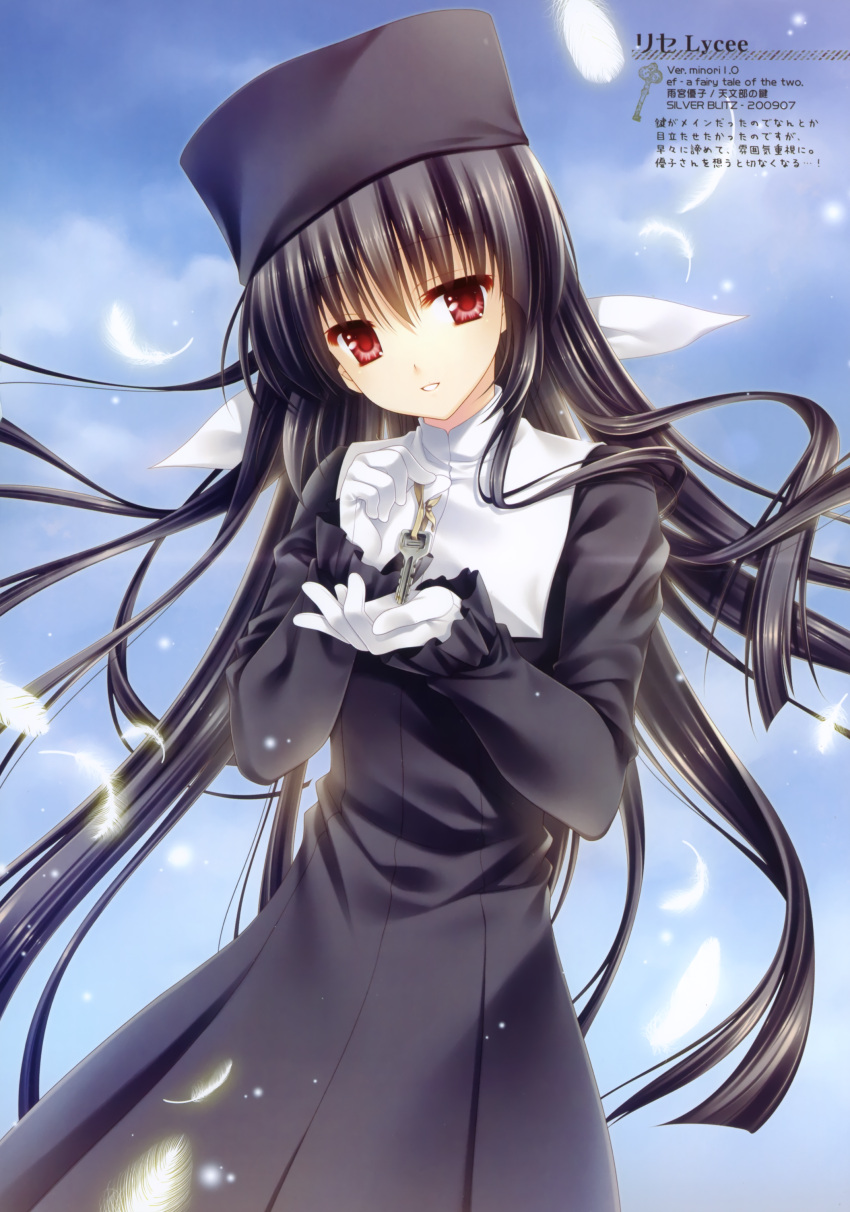 1girl 2009 absurdres amamiya_yuuko bangs black_dress black_hair black_headwear blue_sky copyright_name dated dress ef falling_feathers frilled_sleeves frills gloves glowing_feather hair_between_eyes hair_ribbon hair_spread_out hands_up head_tilt highres holding holding_key key long_dress long_hair long_sleeves looking_at_viewer parted_lips ribbon sidelocks simple_background sky smile solo standing straight_hair tatekawa_mako very_long_hair white_gloves white_ribbon