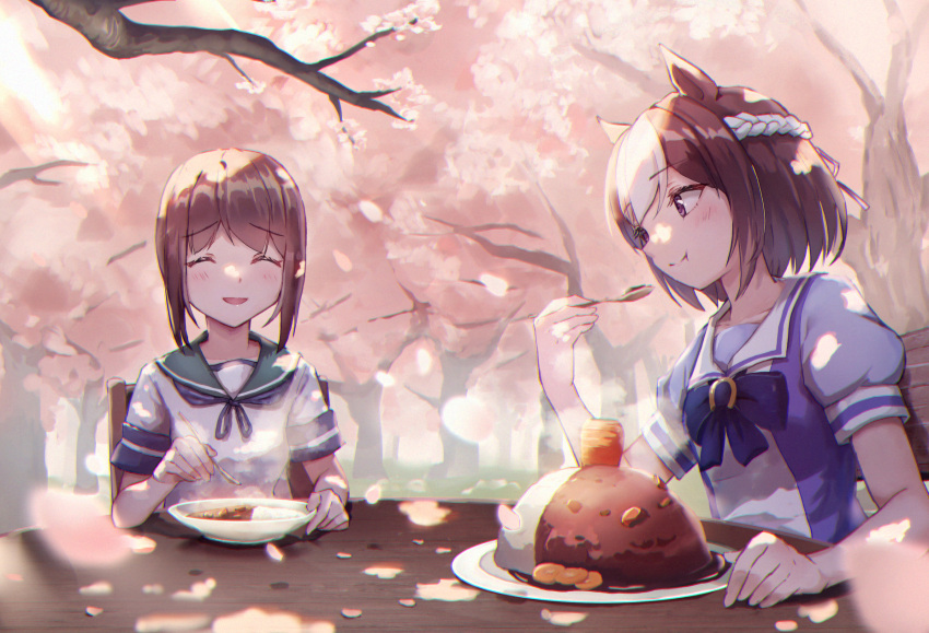 2girls animal_ears aoniyoshi bad_anatomy bad_face blush braid brown_hair carrot cherry_blossoms closed_eyes closed_mouth commission crossover curry curry_rice food fubuki_(kancolle) green_sailor_collar highres holding holding_spoon horse_ears horse_girl kantai_collection multicolored_hair multiple_girls open_mouth petals pixiv_commission rice sailor_collar school_uniform serafuku short_hair short_sleeves smile special_week_(umamusume) spoon tracen_school_uniform two-tone_hair umamusume vegetable violet_eyes white_hair