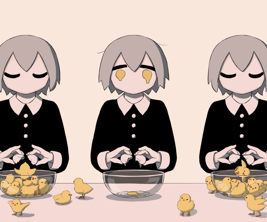 3boys absurdres avogado6 back bangs bird black_eyes black_shirt bowl buttons chick closed_eyes closed_mouth collared_shirt commentary_request crying egg falling food grey_hair hair_between_eyes hands_up highres holding holding_egg holding_food long_sleeves looking_at_another looking_down looking_to_the_side multiple_boys no_mouth open_mouth original shadow shirt short_hair simple_background sitting standing table tears walking wide_sleeves wing_collar wings yellow_background yellow_eyes yellow_fur