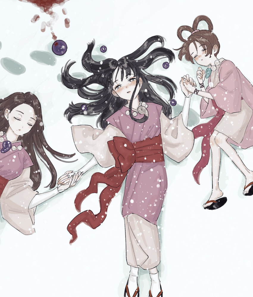 ace_attorney black_hair blood blood_splatter brown_hair closed_eyes closed_mouth from_above full_body geta hair_rings hair_spread_out half-closed_eyes hanten_(clothes) highres japanese_clothes jewelry kimono long_hair long_sleeves looking_at_viewer lying magatama magatama_necklace maya_fey mia_fey multiple_girls necklace obi on_back open_mouth pearl_fey phoenix_wright:_ace_attorney_-_trials_and_tribulations pink_sash renshu_usodayo sash short_hair short_kimono siblings simple_background sisters socks white_background white_kimono white_socks wide_sleeves