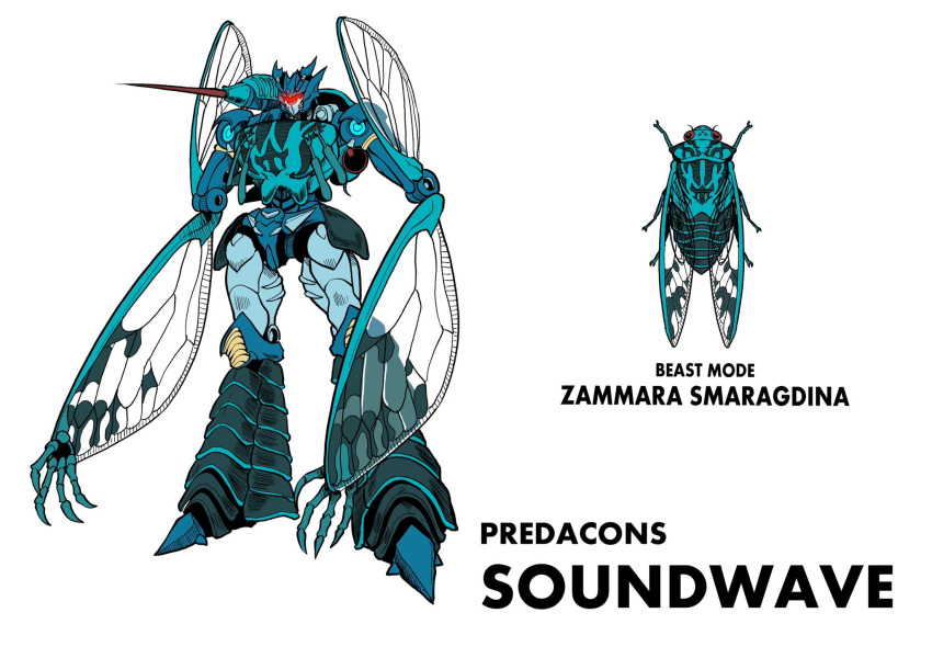 assault_visor beast_wars bug character_name cicada glowing highres long_arms mecha oohara_tetsuya predacon red_eyes redesign robot science_fiction scientific_name shoulder_cannon solo_focus soundwave_(transformers) transformers white_background wings