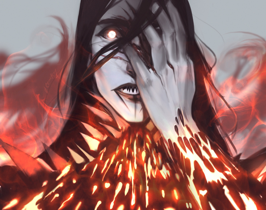 1boy anastasiyacemetery armor artist_name black_hair blood commentary english_commentary fire glowing glowing_armor glowing_eyes hand_on_own_face holding_head injury long_hair looking_at_viewer melkor sharp_teeth shoulder_spikes solo spikes teeth the_silmarillion tolkien's_legendarium