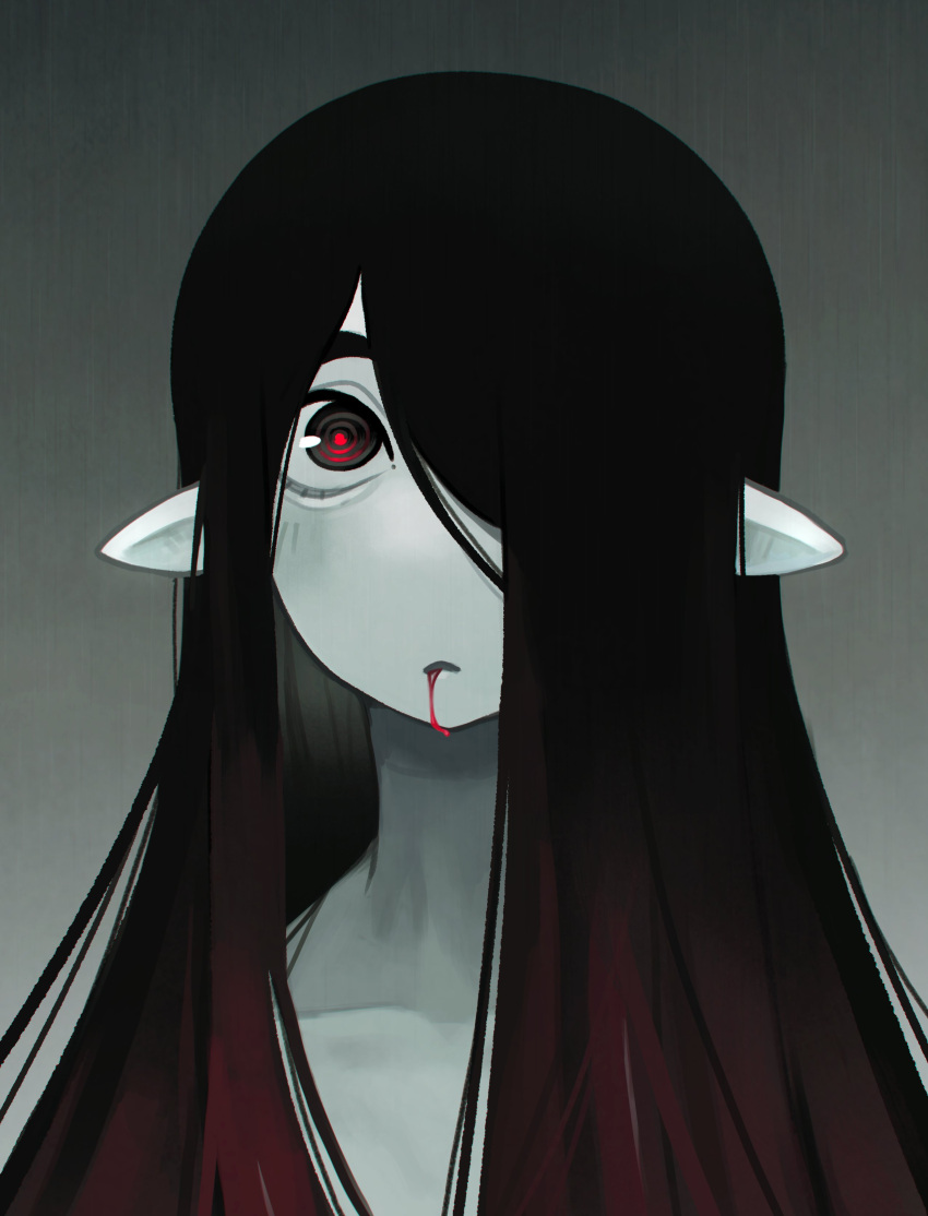 1girl absurdres bangs black_hair blood blood_from_mouth collarbone colored_skin gradient_background grey_background grey_skin highres justadrian_(yoadriandk) licorice_(justadrian) long_hair looking_at_viewer open_mouth original pointy_ears portrait red_eyes solo