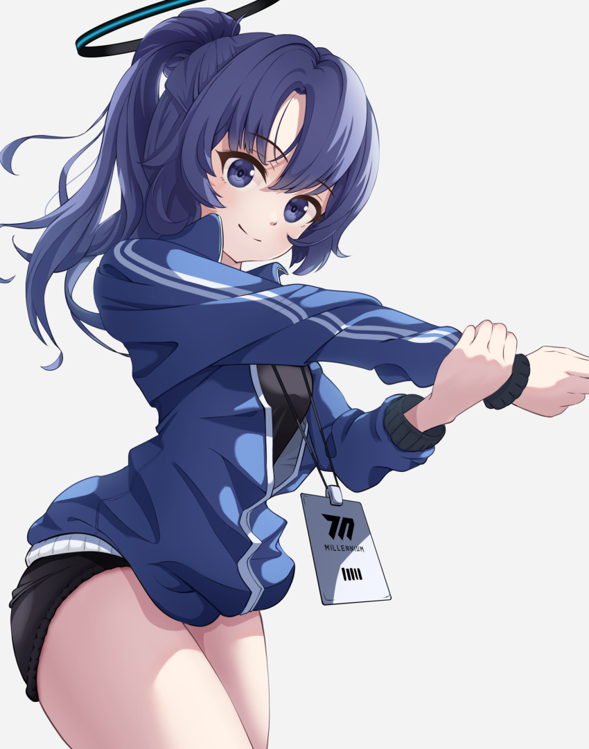 1girl black_buruma blue_archive blue_jacket buruma closed_mouth commentary_request cowboy_shot grey_background gym_uniform halo highres id_card jacket lanyard long_sleeves looking_at_viewer mechanical_halo official_alternate_costume partially_unzipped ponytail purple_hair she100legs simple_background smile solo thighs track_jacket violet_eyes yuuka_(blue_archive) yuuka_(gym_uniform)_(blue_archive)