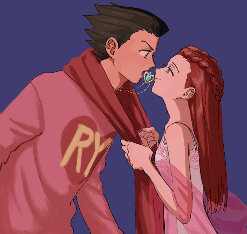 1boy 1girl ace_attorney black_hair blue_background blue_eyes braid brown_hair closed_mouth clothes_pull dahlia_hawthorne dress eye_contact from_side heart heart_necklace hetero indirect_kiss jewelry long_hair long_sleeves looking_at_another necklace phoenix_wright pink_shawl pink_sweater profile red_scarf redhead renshu_usodayo scarf scarf_pull shawl short_hair simple_background smile spiky_hair sweater white_dress
