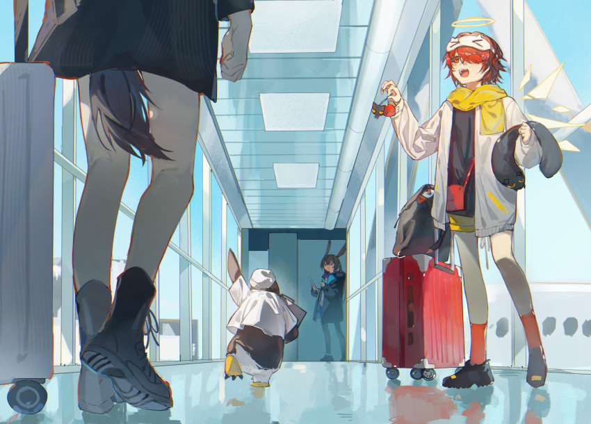 3girls airport amiya_(arknights) animal arknights bag bangs beanie bird black_footwear black_jacket black_shirt boots brown_hair character_request clothed_animal day detached_wings exusiai_(arknights) hair_over_one_eye halo handbag hat highres holding hood hood_down hooded_jacket indoors jacket kuilaogouhuabudongle mask mask_on_head multiple_girls penguin ponytail red_eyes red_socks redhead rolling_suitcase shirt shoes short_shorts short_sleeves shorts shoulder_bag sleep_mask socks suitcase tail the_emperor_(arknights) white_headwear white_jacket white_shirt window wings yellow_shorts