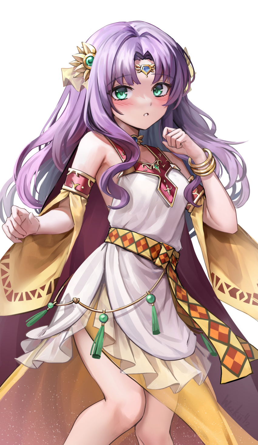 1girl bangs bare_shoulders blush cosplay cowboy_shot dress fire_emblem fire_emblem:_the_blazing_blade fire_emblem:_thracia_776 fire_emblem_heroes florina_(fire_emblem) green_eyes highres long_hair looking_at_viewer parted_bangs parted_lips purple_hair sara_(fire_emblem) sara_(fire_emblem)_(cosplay) sara_(khadein)_(fire_emblem) sleeveless sleeveless_dress solo white_dress wszkii