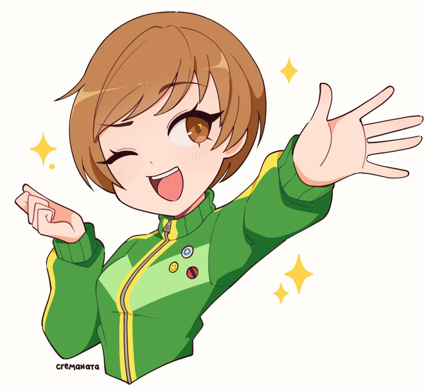 1girl brown_eyes brown_hair clenched_hand cremanata green_jacket highres jacket looking_at_viewer one_eye_closed open_mouth persona satonaka_chie short_hair simple_background teeth upper_body upper_teeth_only white_background