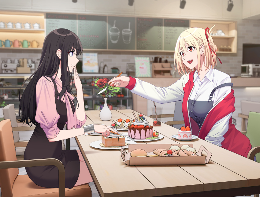 2girls :t absurdres bangs black_dress black_hair blonde_hair blurry blurry_background bracelet cafe cake cake_slice chair collared_shirt commentary_request cup disposable_cup dress earrings eating elbow_on_table fingernails flower food fork from_side hair_between_eyes hair_ribbon hand_up highres holding holding_fork indoors inoue_takina jacket jewelry jovei long_hair looking_at_another lycoris_recoil multicolored_clothes multicolored_jacket multiple_girls nishikigi_chisato off_shoulder open_mouth outstretched_arm pastry pink_shirt red_eyes red_flower red_jacket red_ribbon red_rose ribbon rose shirt short_hair sideways_mouth strawberry_shortcake table teeth two-tone_jacket upper_teeth_only vase violet_eyes white_jacket white_shirt