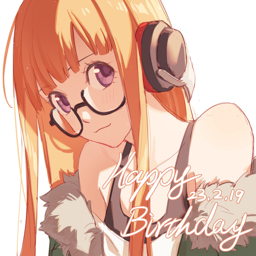1girl bare_shoulders black-framed_eyewear blush closed_mouth collarbone commentary_request dated fur-trimmed_jacket fur_trim glasses green_jacket happy_birthday head_tilt headphones highres jacket long_hair looking_at_viewer open_clothes open_jacket orange_hair persona persona_5 sakura_futaba simple_background smile solo straight_hair tsubsa_syaoin violet_eyes white_background