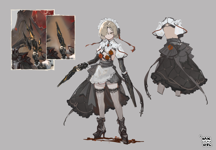 1girl apron asymmetrical_clothes asymmetrical_skirt azur_lane backless_outfit bare_back belt black_belt black_footwear black_skirt boots dress dual_wielding flower flower_ornament grey_background grey_dress gun hair_over_one_eye high_heel_boots high_heels highres holding holding_gun holding_weapon juliet_sleeves light_brown_hair long_sleeves looking_at_viewer maid_headdress mkiiiiii o-ring official_art puffy_sleeves red_flower red_rose rose sheffield_(azur_lane) sheffield_(meta)_(azur_lane) simple_background sketch skirt solo thigh-highs unfinished waist_apron weapon white_apron white_thighhighs windforcelan yellow_eyes zettai_ryouiki